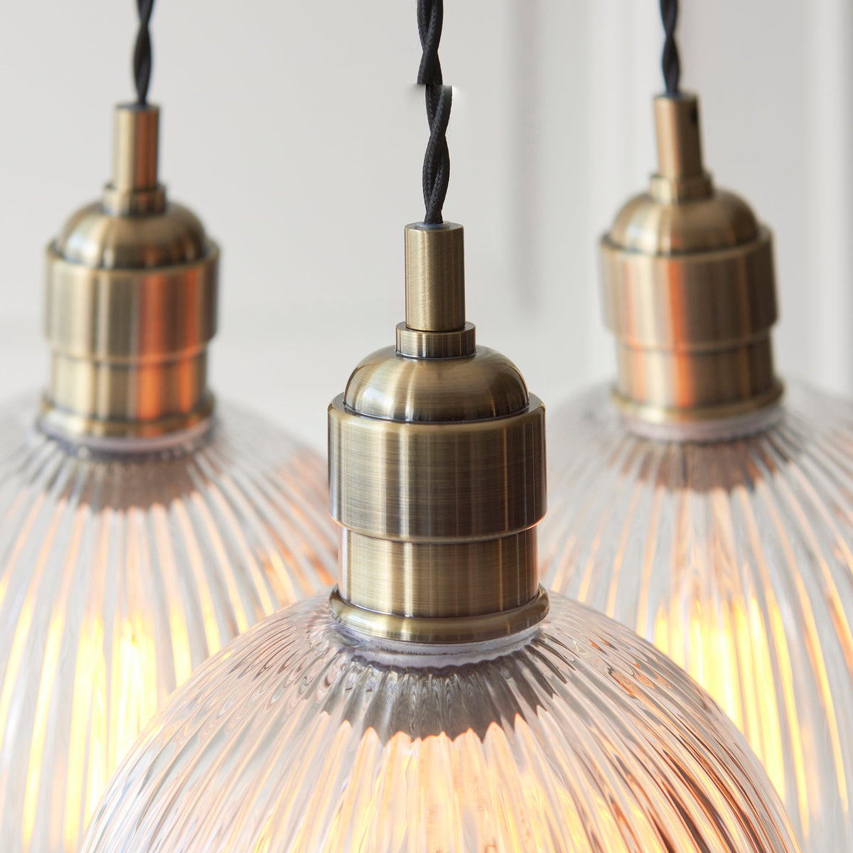 3 Light Wine Glass Cluster Pendant in Antique Brass with Clear Ribbed Glass - ID 14907
