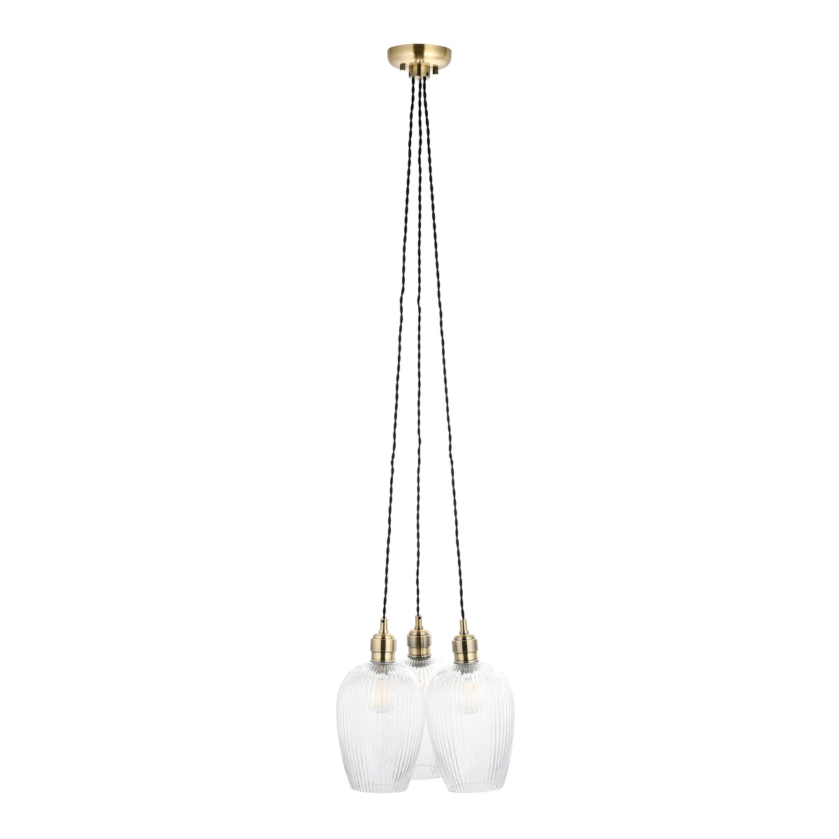 3 Light Wine Glass Cluster Pendant in Antique Brass with Clear Ribbed Glass - ID 14907