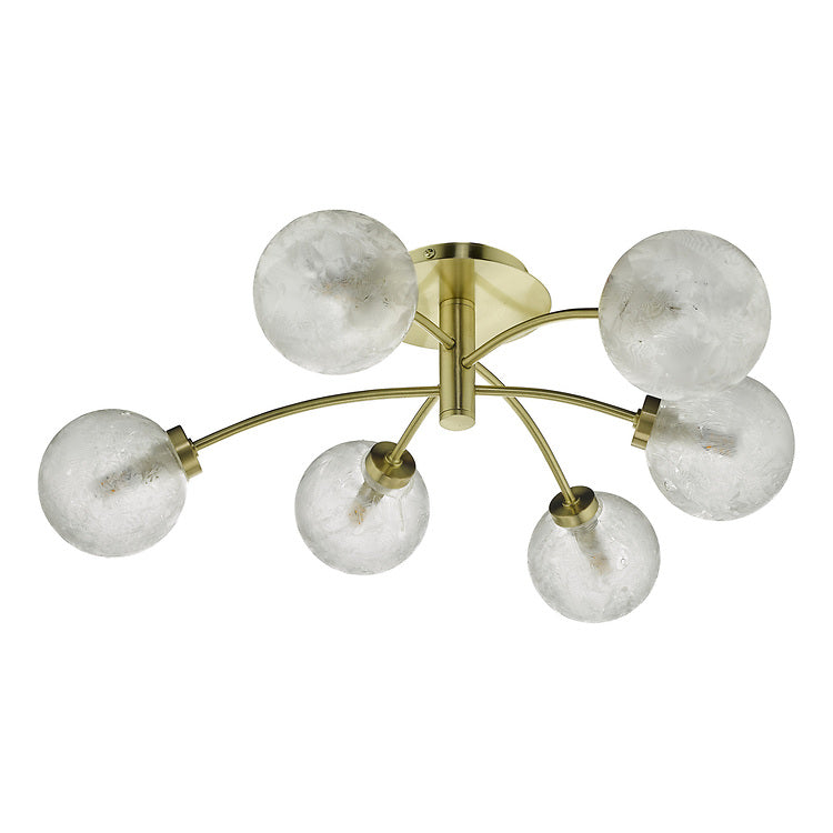 AVA Satin Brass & Ornate Frosted Glass Six Lamp Semi-Flush Ceiling Light - ID 10826