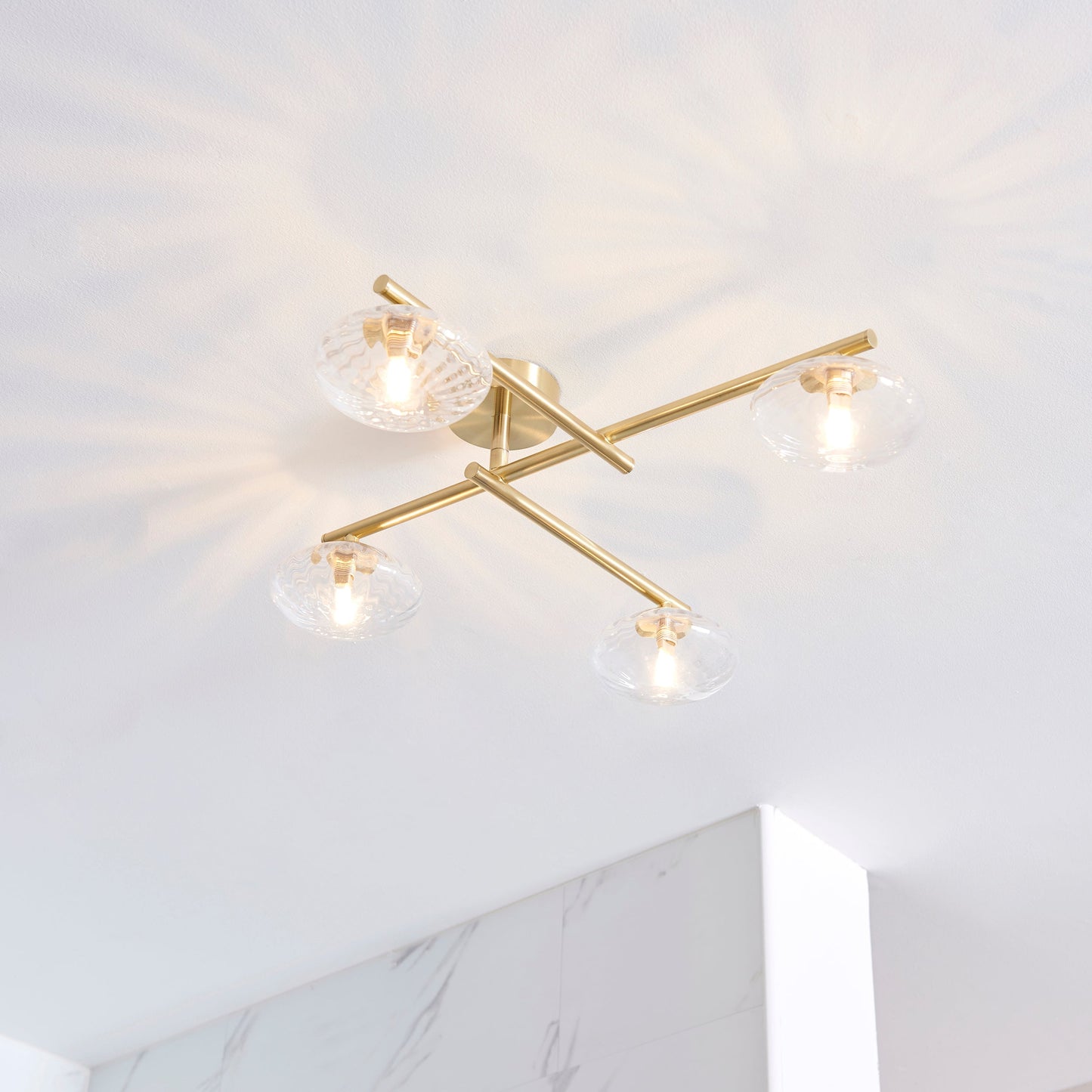 Satin Brass & Clear Ribbed Glass IP44 Semi-Flush Ceiling Light - ID 11534