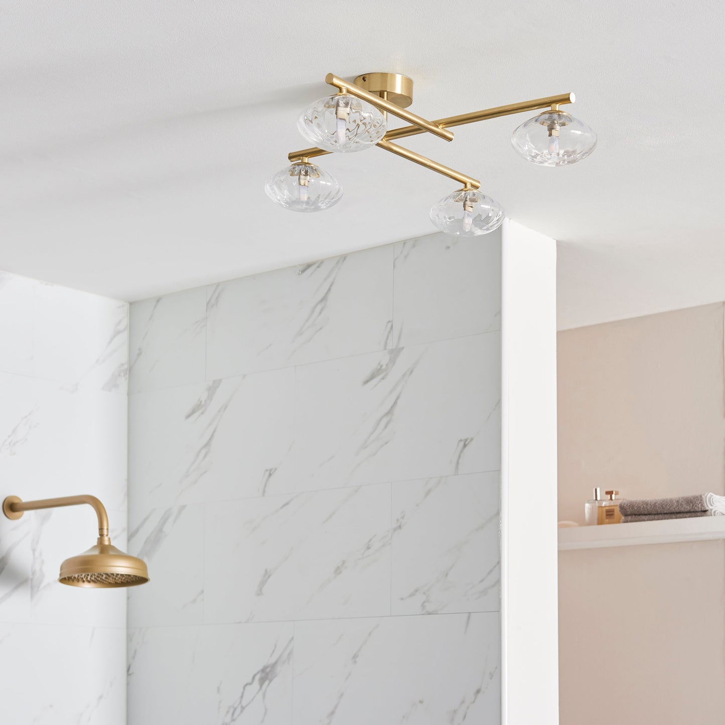 Satin Brass & Clear Ribbed Glass IP44 Semi-Flush Ceiling Light - ID 11534